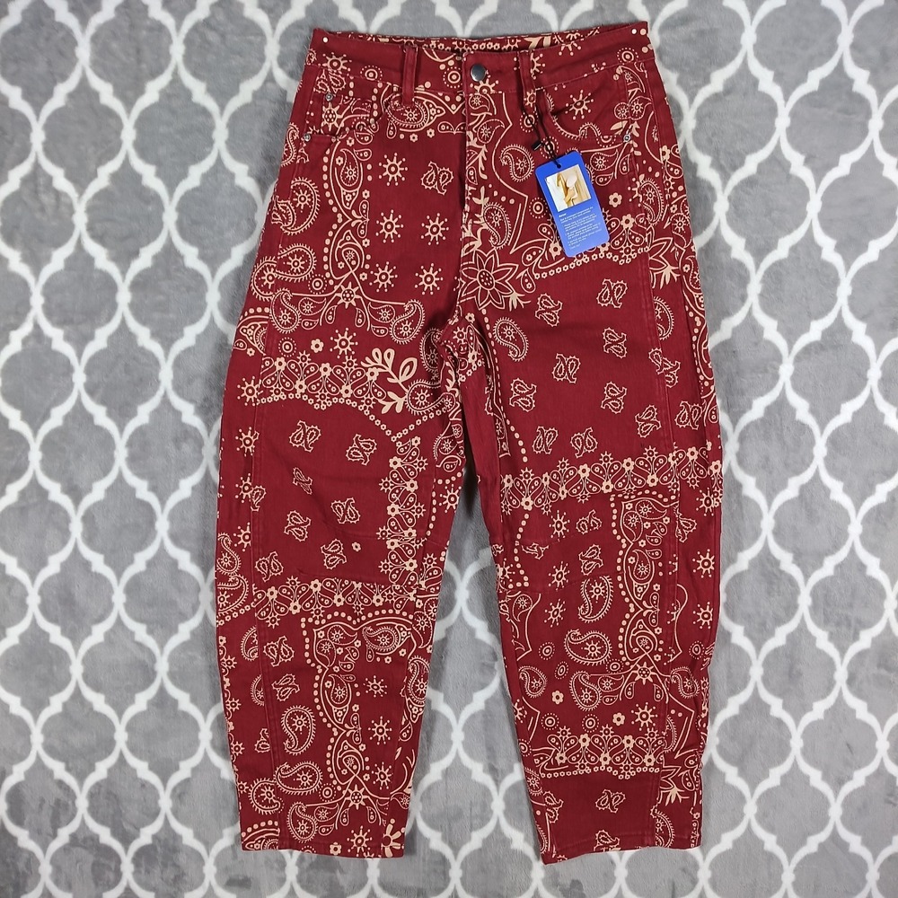 Barrel Leg Jeans Women Size Small Red Rust Bandana Print Western Boho